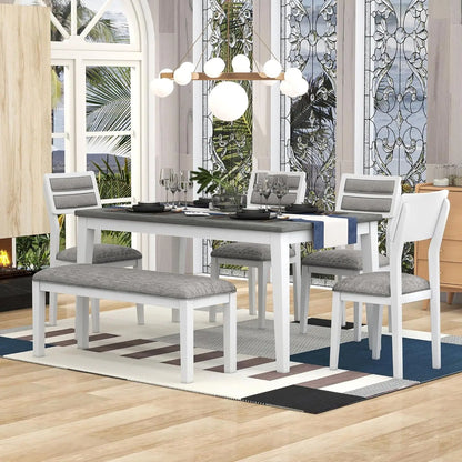 The Retro 6-Piece Wood Dining Table Set for 6 arranged with utensils and decor for an inviting dining atmosphere.