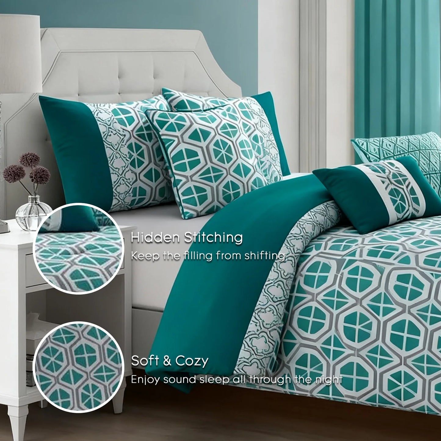 Elegant Green Floral details on Queen/King Polyester 6-Piece Comforter Set by HomelyOasis displayed on a bed