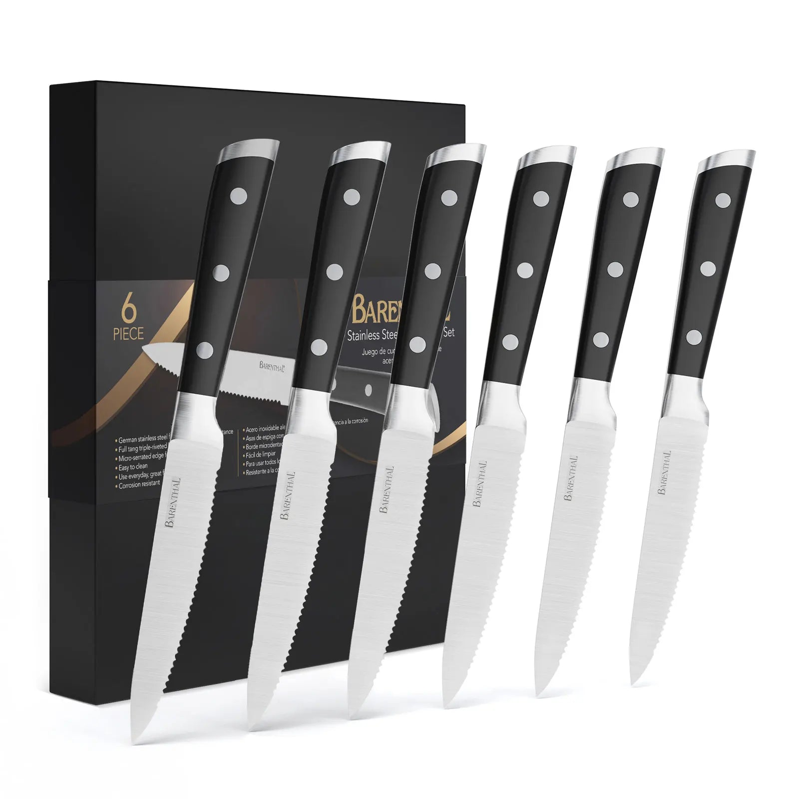 6-Piece German Stainless Steel Serrated Steak Knife Set, a polished serrated steak knife set for elegant dinner tables
