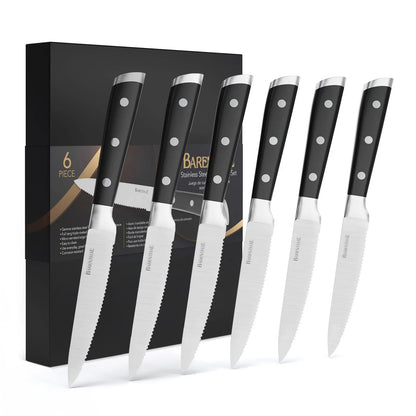 6-Piece German Stainless Steel Serrated Steak Knife Set, a polished serrated steak knife set for elegant dinner tables
