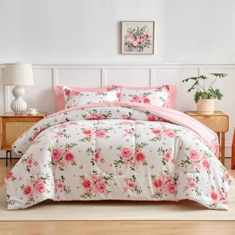 Queen Floral Bedding Set 7 Piece featuring a dark pink rose botanical design for a stylish bedroom makeover with this floral bedding set.