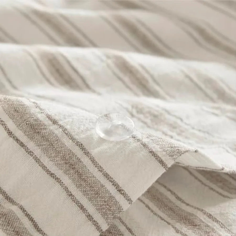 Overview of the Luxury Linen Blend Striped Duvet Cover Set with soft textures, perfect for a calming, high-end coastal bedroom aesthetic.