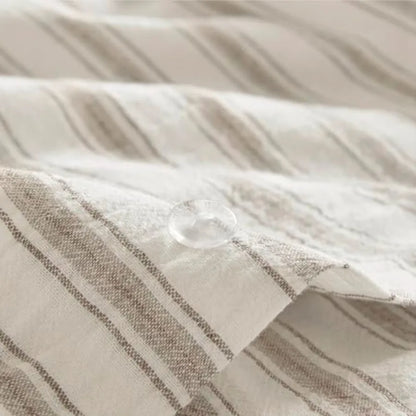 Overview of the Luxury Linen Blend Striped Duvet Cover Set with soft textures, perfect for a calming, high-end coastal bedroom aesthetic.