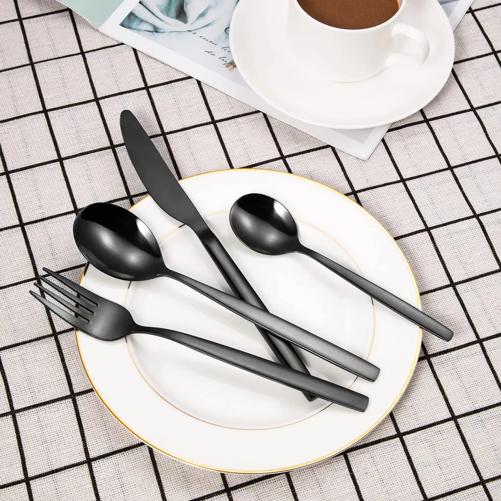 30-Piece Black Stainless Steel Flatware Set, Service for 6 with sleek black stainless steel utensils and polished handles