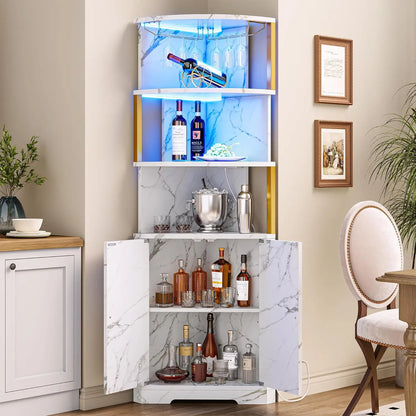 Modern corner bar cabinet with a luxurious white marble finish, enhancing any home decor.