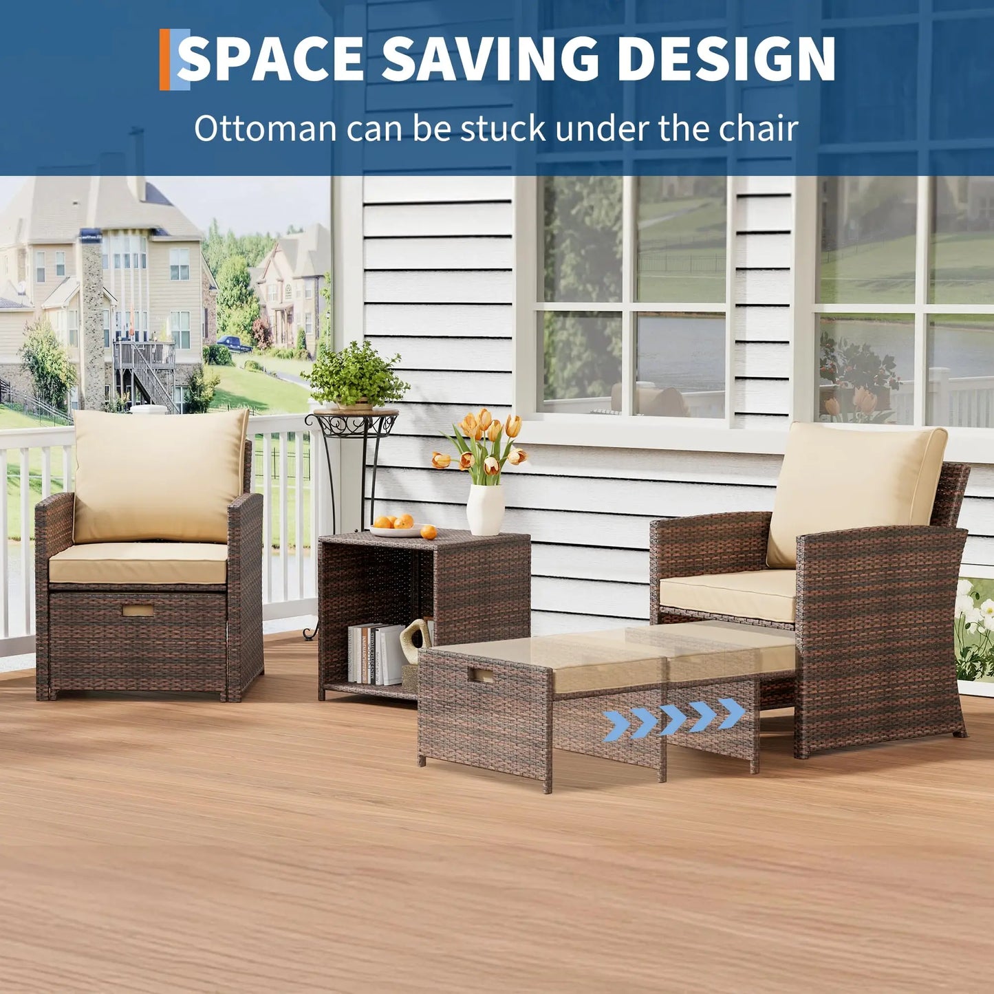 Double tier coffee table of the Modern 5-Piece Patio Conversation Set, ideal for holding refreshments during outdoor gatherings.
