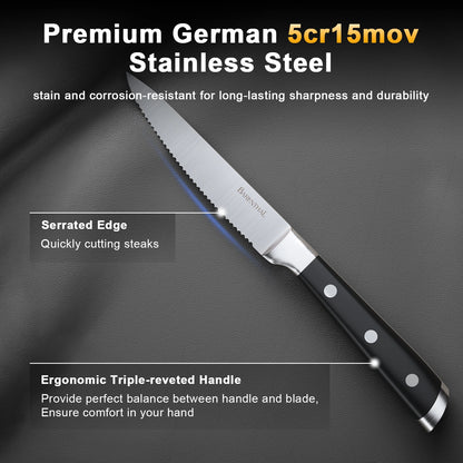 6-Piece German Stainless Steel Serrated Steak Knife Set with brushed steel finish and timeless design