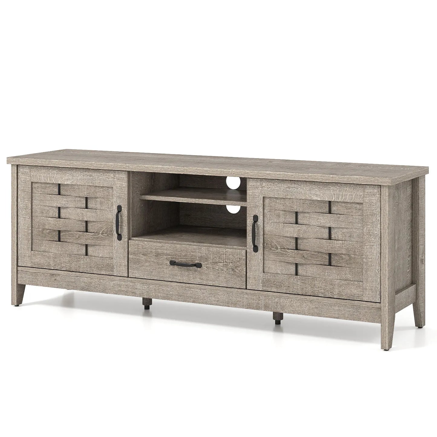 Close-up of the Woven Doors on the Rustic Farmhouse TV Stand.