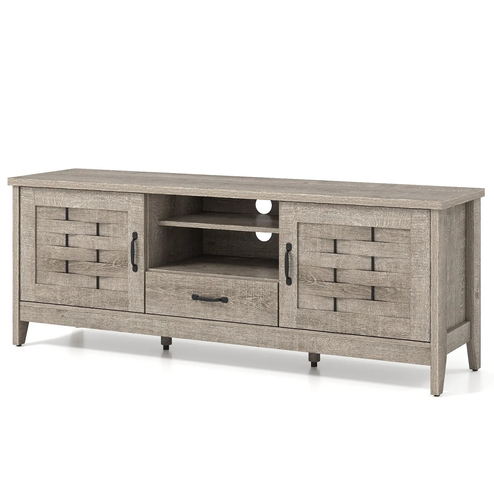 Close-up of the Woven Doors on the Rustic Farmhouse TV Stand.