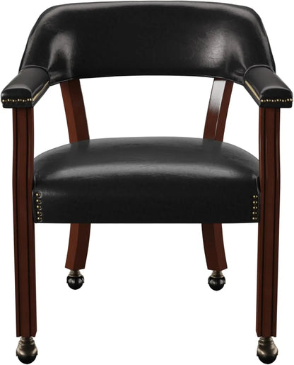 Upholstered Solid Black Arm Dining Chair w/Casters & Nailhead Trim