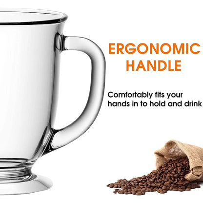 Set of 4 Clear Large Glass Coffee Mugs/Handles