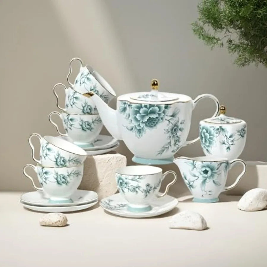 Charming Vintage Bone China Tea Cup placed on a marble tray with gold accents.