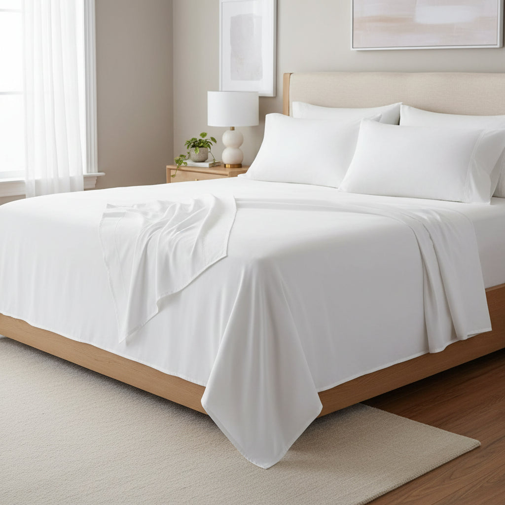 Luxury 4-Piece Queen Sheet Set featuring 100% Organic Bamboo Viscose fabric, showcasing its soft and cooling texture, perfect for enhancing your sleep experience.