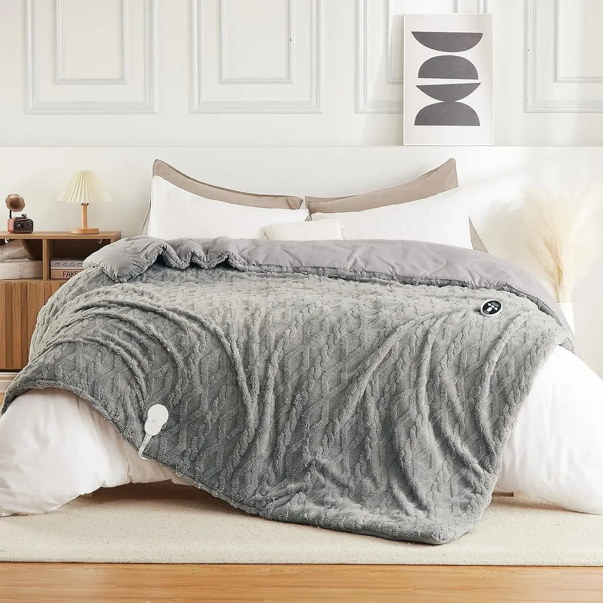 Queen 90x90 Heated Comforter with Dual-Zone Wireless Control, 6 Heat Levels & LCD Timer, gray queen heated comforter on a bed
