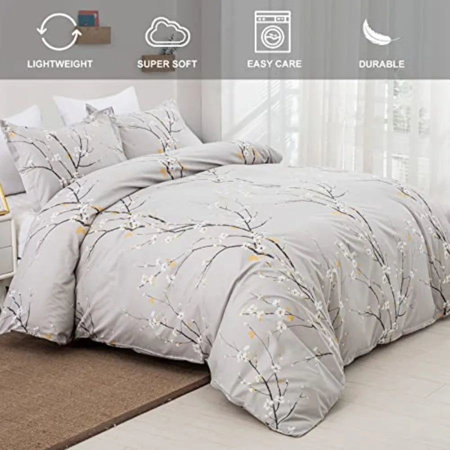 Stylish setup of the Sage Green & Yellow Floral Duvet Cover Set Queen on a neatly made bed, demonstrating how the sage green floral duvet brightens the bedroom decor.