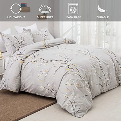 Stylish setup of the Sage Green & Yellow Floral Duvet Cover Set Queen on a neatly made bed, demonstrating how the sage green floral duvet brightens the bedroom decor.