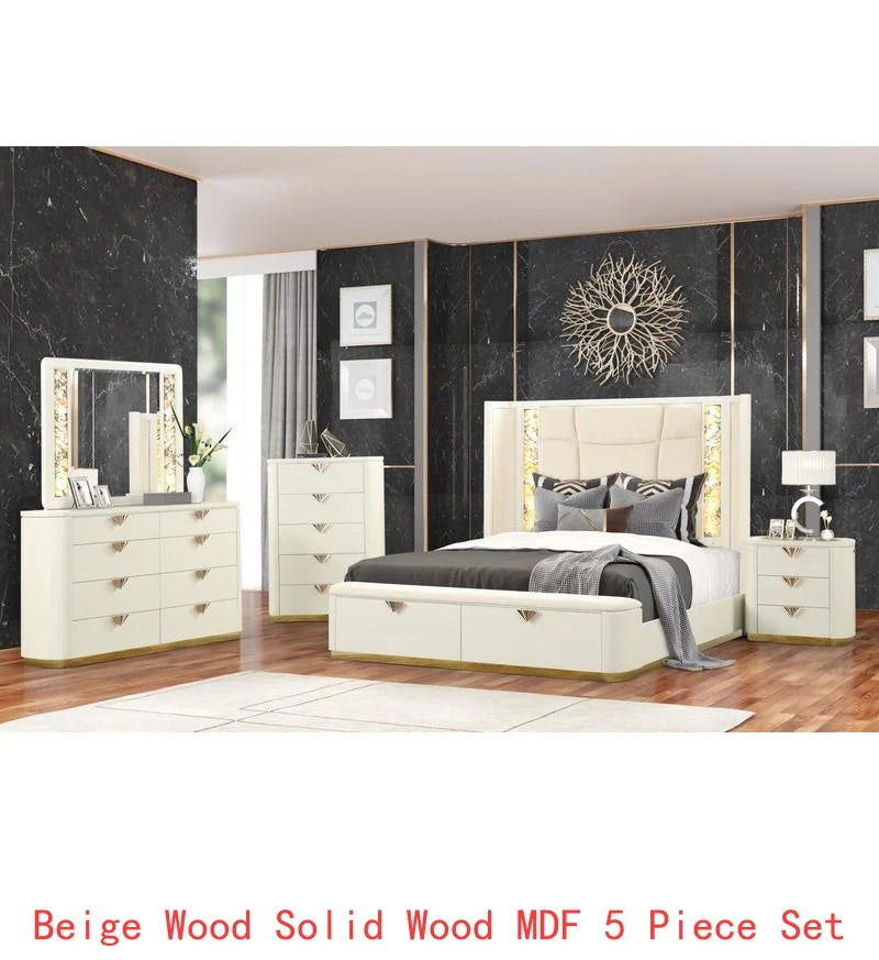 Luxurious 5-Piece Queen Upholstered Beige Bedroom Set w/Gold Accents 