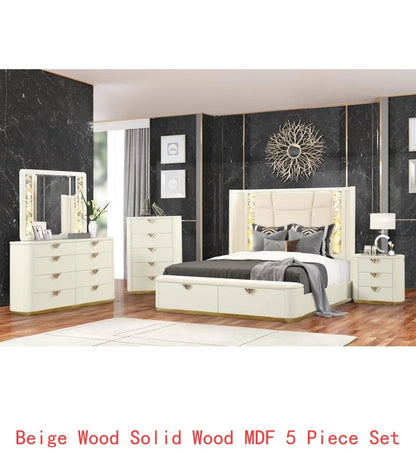 Luxurious 5-Piece Queen Upholstered Beige Bedroom Set w/Gold Accents 