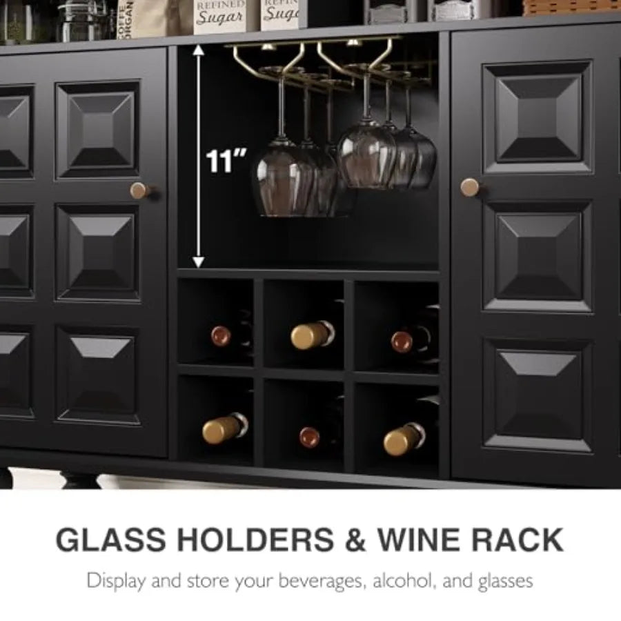 Vintage Style Black Wine Bar Cabinet w/Integrated Wine Rack and Glass Holder