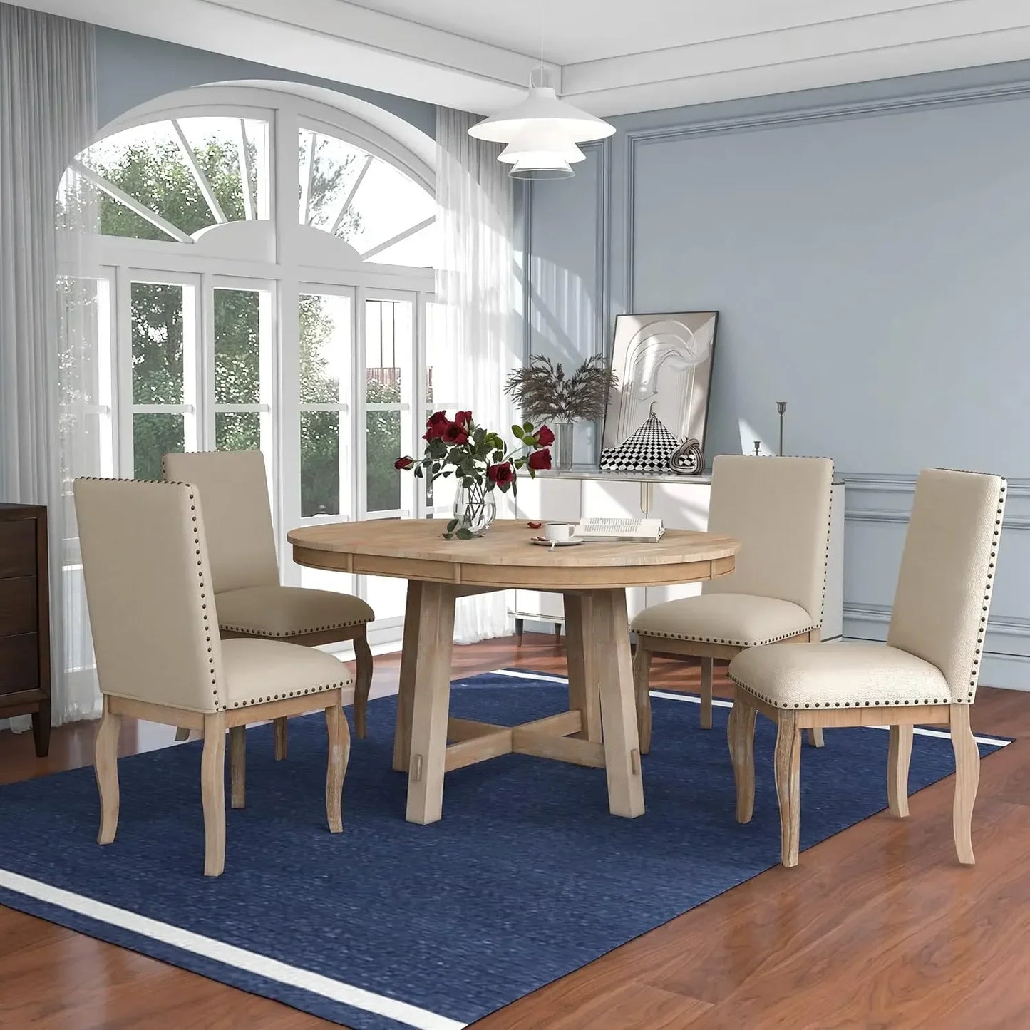 5-Piece Round Natural Wood Dining Table Set for 4