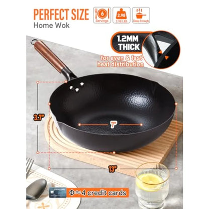 Carbon Steel Wok with a flat bottom by HomelyOasis, perfect for tossing and flipping food with ease.