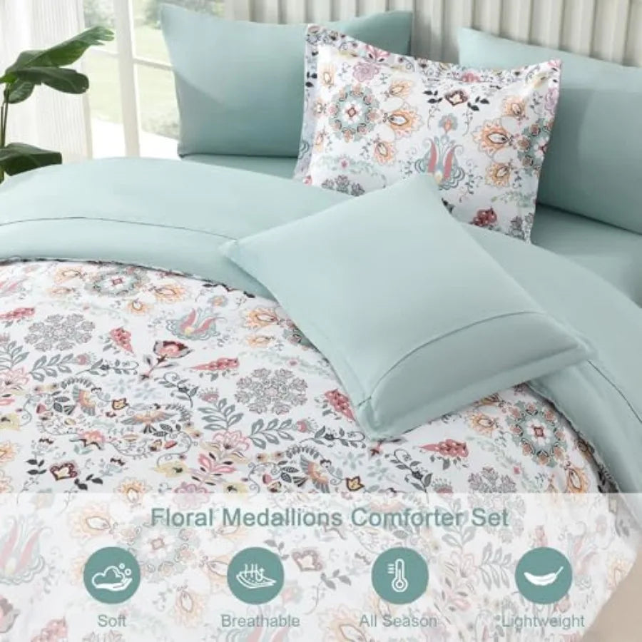 A styled bedroom featuring the Boho Floral Comforter Set Queen set against a calm and airy backdrop.