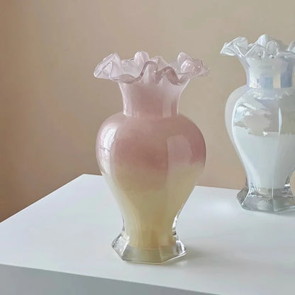 Vintage 24Cm Opalescent Ruffled Edged Fenton Glass Vase in a home decor setting, perfect for adding charm.