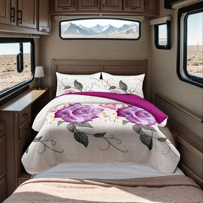 Queen 9-Piece Purple Rose Bedding and Curtain Set with Quilted Bedspread, Shams & Sheer Panels for a Complete Bedroom Refresh, white and purple rose bedding set design