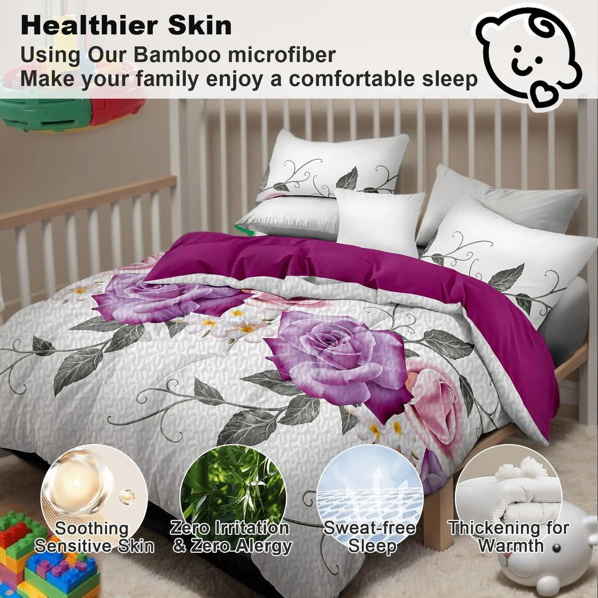 Queen 9-Piece Purple Rose Bedding and Curtain Set with Quilted Bedspread, Shams & Sheer Panels for a Complete Bedroom Refresh, reversible purple rose bedding set
