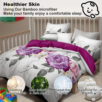 Queen 9-Piece Purple Rose Bedding and Curtain Set with Quilted Bedspread, Shams & Sheer Panels for a Complete Bedroom Refresh, reversible purple rose bedding set