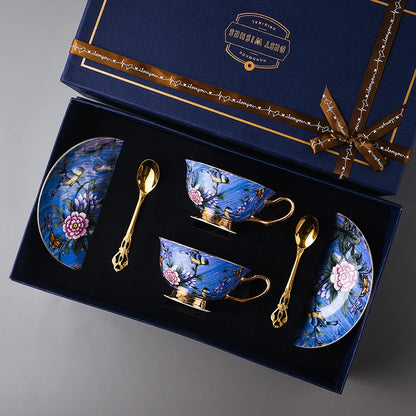 European Bird Pattern Afternoon Tea Cup & Saucer Sets w/Spoons