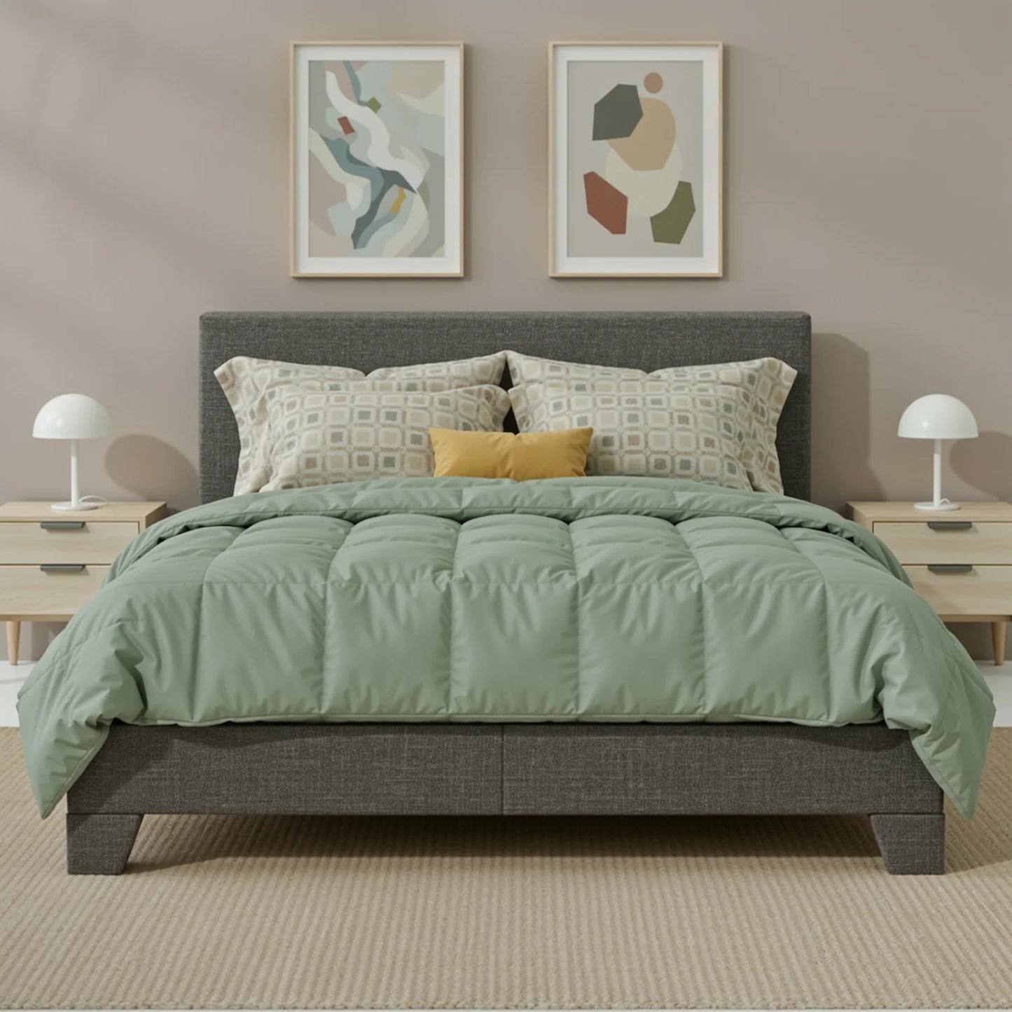 Elegant beige upholstered platform bed, enhancing the cozy atmosphere in your bedroom.