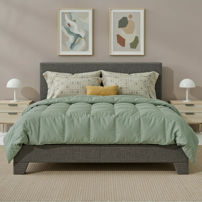 Elegant beige upholstered platform bed, enhancing the cozy atmosphere in your bedroom.