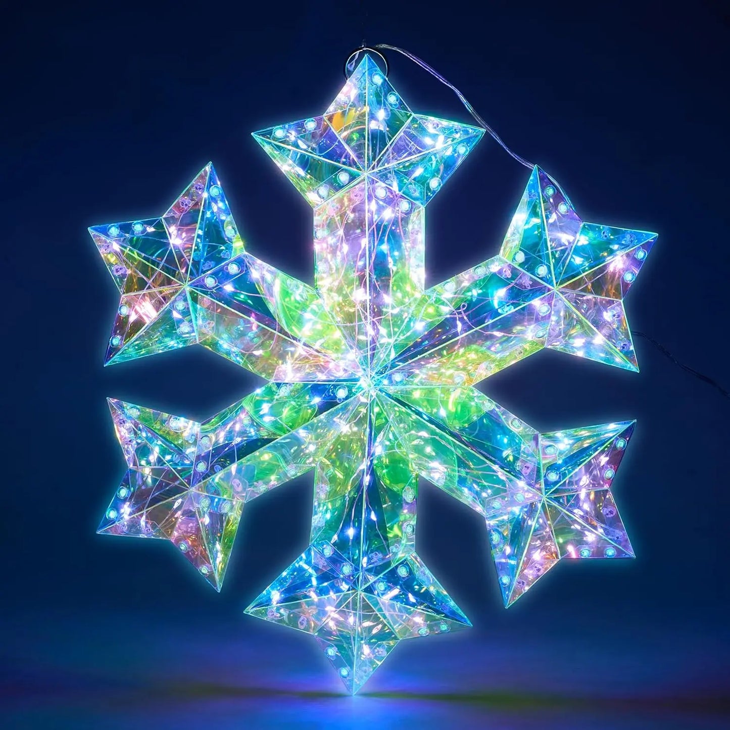 Unique 3D Iridescent Snowflake Ornament with 100 LED Cool White Lights - A vibrant and colorful 3D snowflake ornament dazzling with bright lights.
