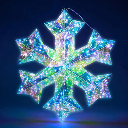 Unique 3D Iridescent Snowflake Ornament with 100 LED Cool White Lights - A vibrant and colorful 3D snowflake ornament dazzling with bright lights.