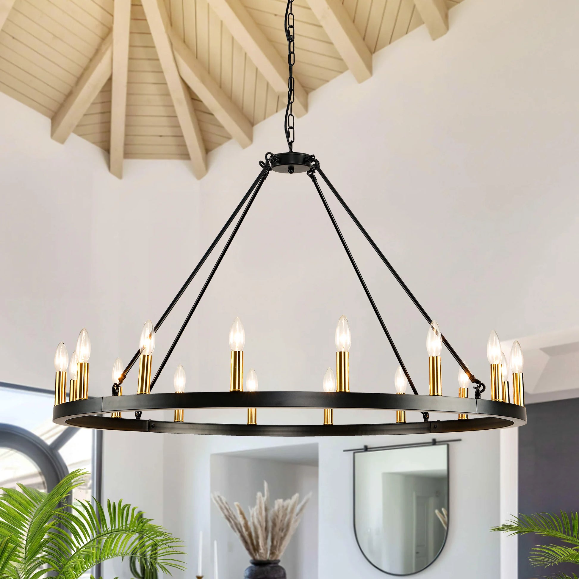 The adjustable chain feature on the 43" Black Farmhouse Wagon Wheel Chandelier allows customization in hanging height.