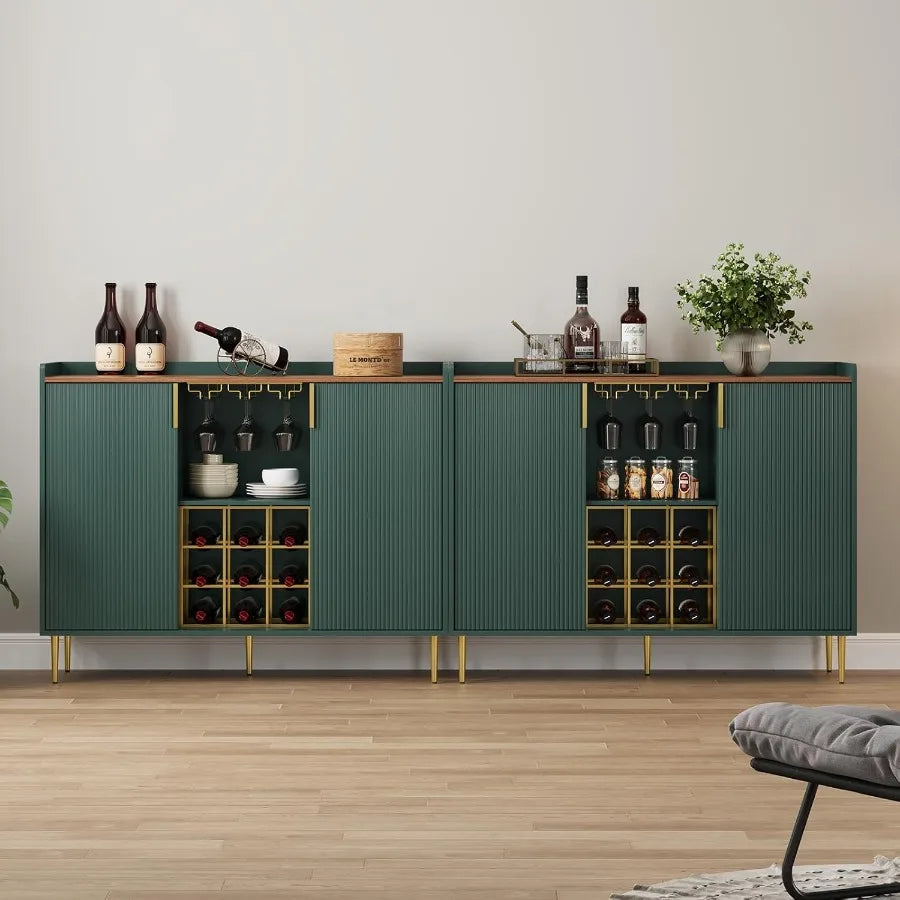 Modern Green Wine Bar Cabinet w/Fluted Texture