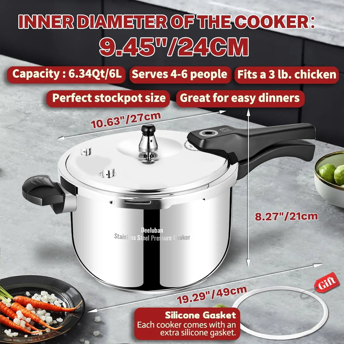 6.3 Quart Induction Compatible Stainless Steel Pressure Cooker by HomelyOasis, touch control panel for easy operation