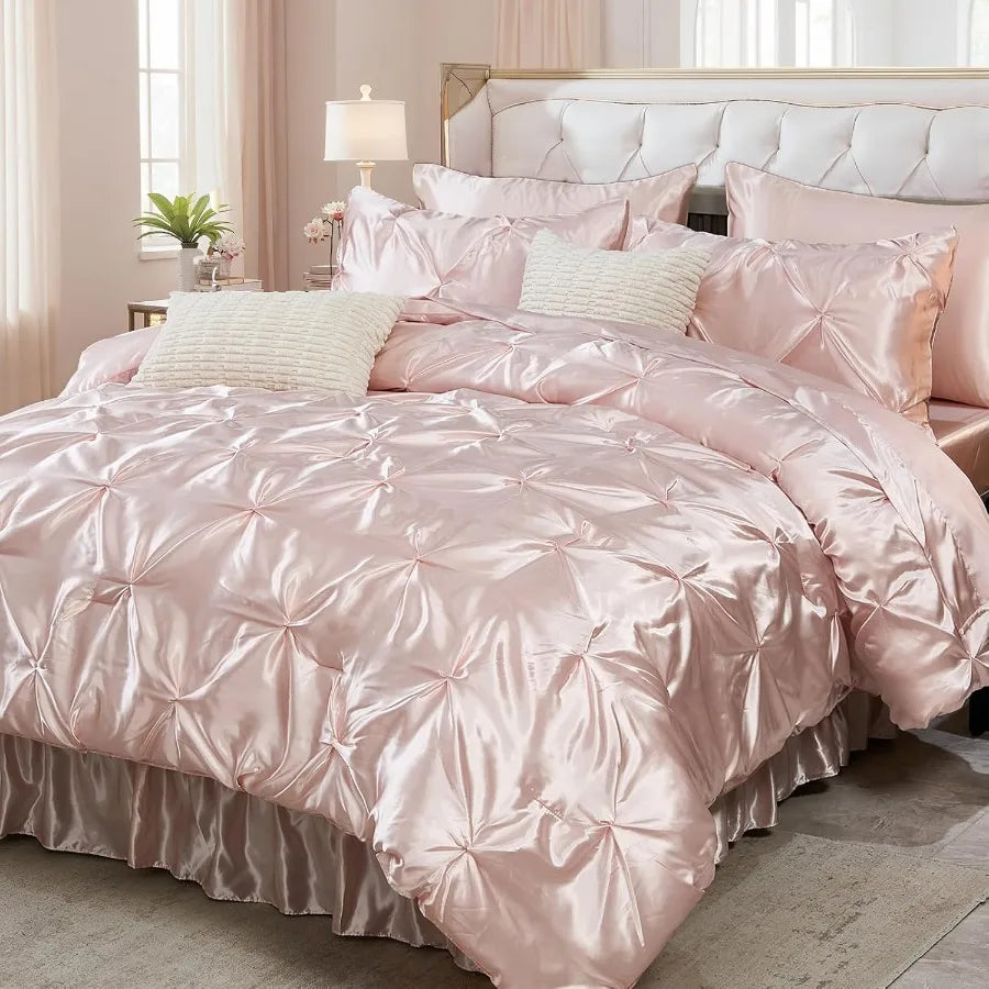 Aesthetic 10-piece King Size Pink Satin Comforter Set