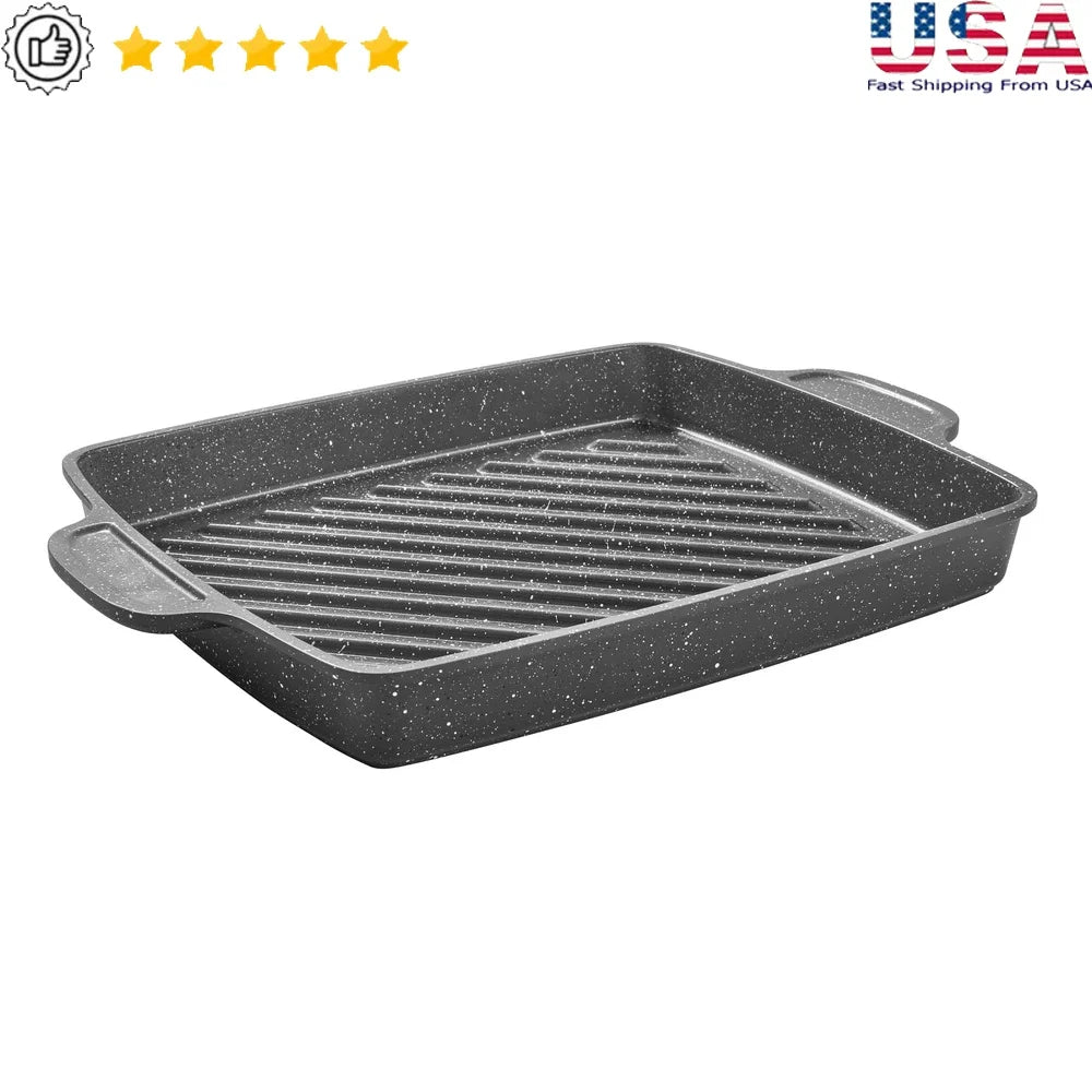 Versatile Cast Aluminum Nonistick Steak Pan12 Inch Square Non-Slip Handle Cast Aluminum Steak Pan Non-Stick Coating Rapid Heat Distribution Oven Safe Dishwasher Safe Easy