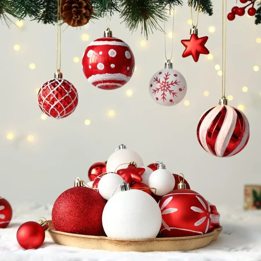 Stylish assortment of red and white ornaments from the 36 Count Shatterproof Ornament Set, ideal for any holiday theme.