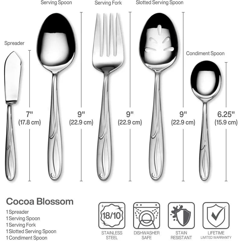 65-Piece 18/10 Stainless Steel Flatware Set For 12, 18/10 Stainless Steel Silverware With Full Service And Serving Utensils, Elegant Floral Design