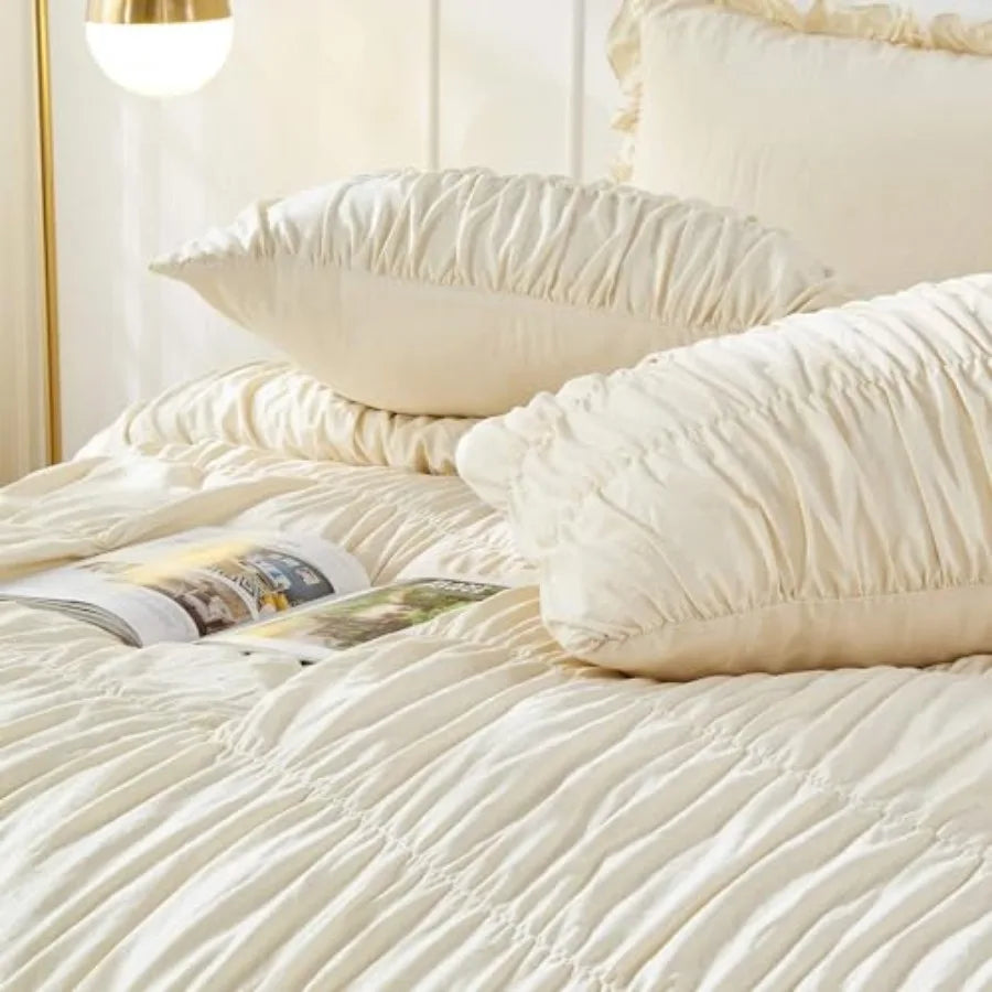 The Ruched Comforter Set shown in a serene bedroom setting, highlighting the luxurious farmhouse comforter softness and elegance.
