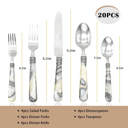 20-Piece Tortoise Shell Stainless Steel Flatware Set highlighting durable stainless steel and tortoise shell flatware resin handles