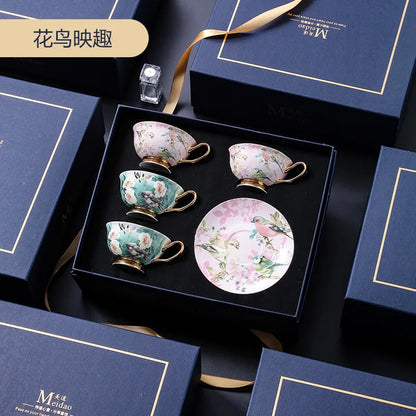 Aesthetic arrangement of the Luxurious European Bone China Coffee & Tea Set enhancing home décor while enjoying a cup of tea.
