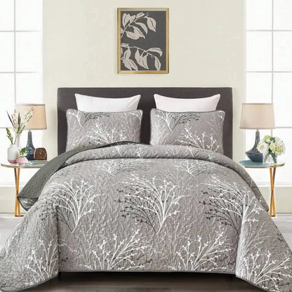 3-Piece Queen Floral Quilt Set, Lightweight Reversible Farmhouse Coverlet with 2 Pillow Shams - quilted floral coverlet with pillow shams