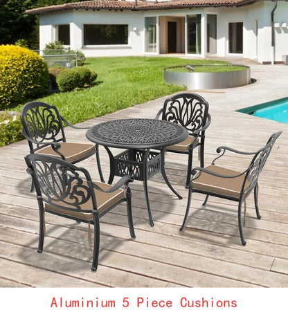   3 or 5-Piece All-Weather Black Cast Aluminum Patio Set w/Swivel Chairs & Cushions