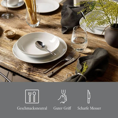Full view of the Elegant 18/10 Stainless Steel Flatware Set for 6, featuring dinner forks, knives, and spoons in a polished arrangement, ideal stainless steel flatware set for any occasion.