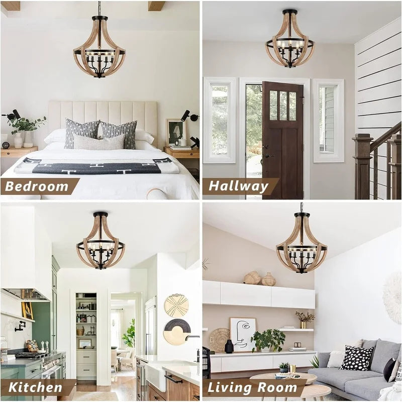 5-Light Farmhouse Lantern Wood Chandelier displayed in a stylish dining room setting, accentuating rustic decor elements.