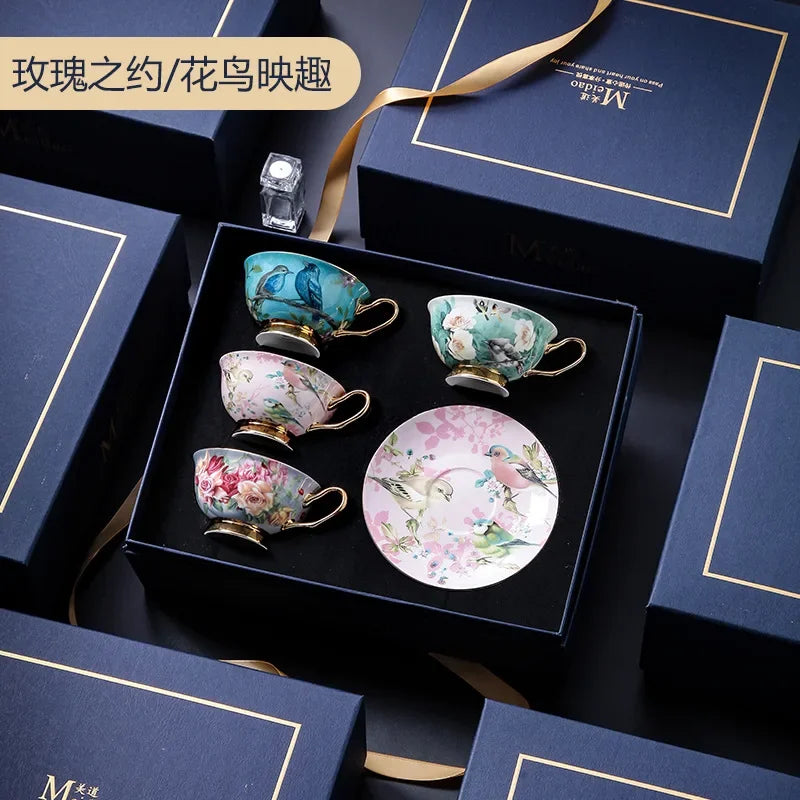 Gift-ready Luxurious European Bone China Coffee & Tea Set in a beautifully designed gift box, perfect for weddings or housewarmings.
